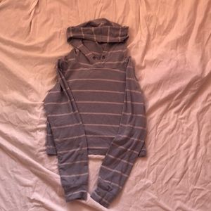 Hoodie. Blue with grey and white stripes. Not used